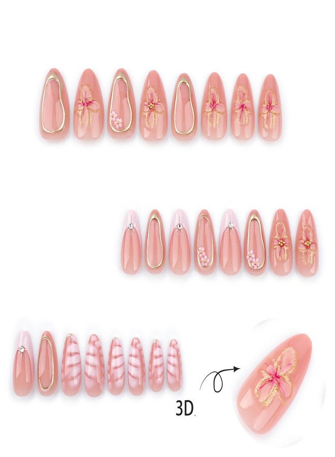 CJDLTS Flower 3D Pink Press on Nails Medium Almond Shaped French Tip False Nails Gold Lines Crocodile Pattern Design Full Cover Artificial Acrylic Nail Reusable Glue on Nails for Women 24Pcs - Image 2